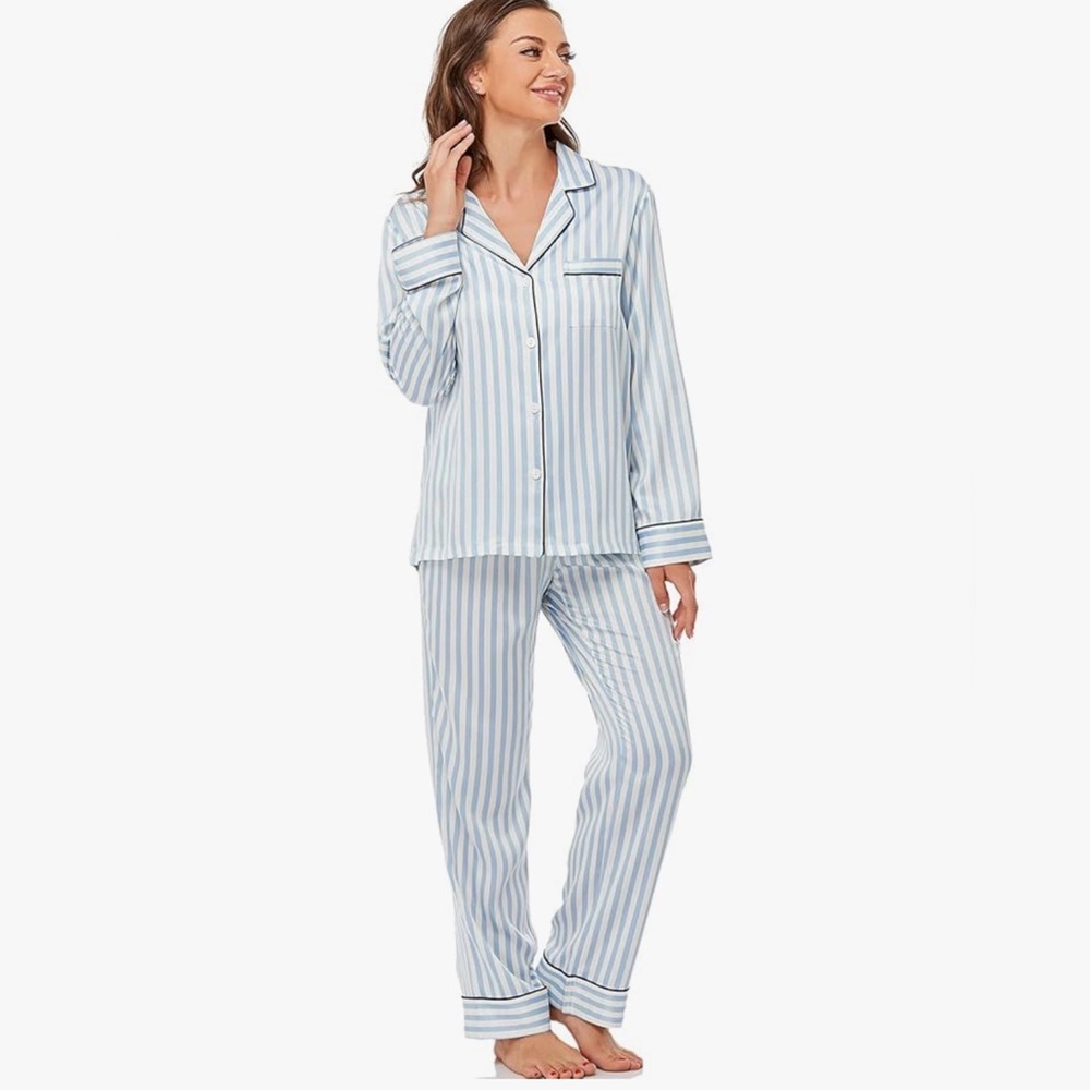 Blue & White Striped Satin Pajama Set